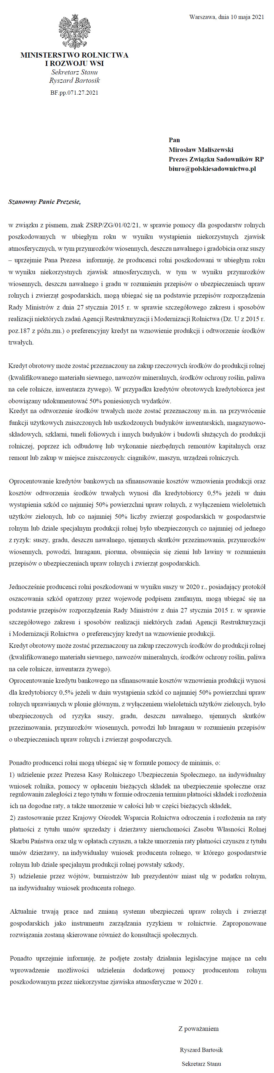 MRiRW: Ws. pomocy za szkody spowodowane przez przymrozki i grad za 2021 r.