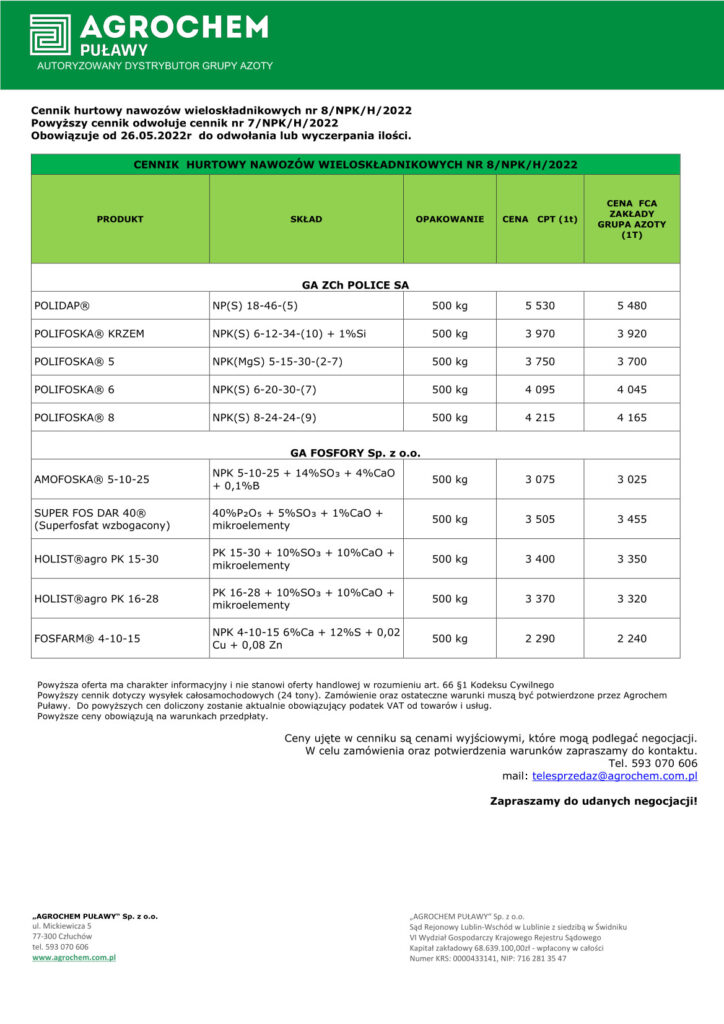 Cennik hurtowy nawozów wieloskładnikowych od 26.05.2022 r.