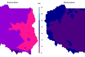  Grafika 11. Granice normy liczby dni z opadem w sierpniu.