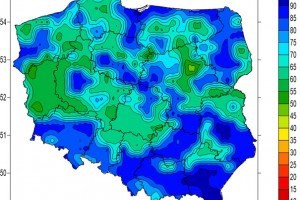  Wskaźnik wilgotności gleby, warstwa 28-100 cm (mapa na dzień 16 lutego 2021 r.).