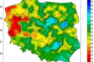  Wskaźnik wilgotności gleby, warstwa 0-7 cm (mapa na dzień 16 lutego 2021 r.).