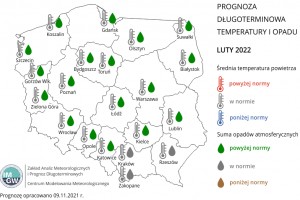  Rys. 3. Prognoza średniej miesięcznej temperatury powietrza i miesięcznej sumy opadów atmosferycznych na luty 2022 r. dla wybranych miast w Polsce