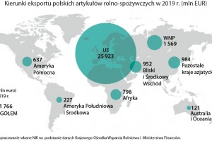  Kierunki eksportu polskich artykułów rolno-spożywczych w 2019 r. (mln EUR)