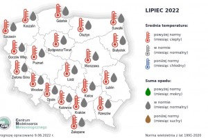  Prognoza średniej miesięcznej temperatury powietrza i miesięcznej sumy opadów atmosferycznych na lipiec 2022 r. dla wybranych miast w Polsce.
