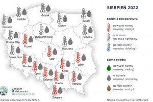 Prognoza średniej miesięcznej temperatury powietrza i miesięcznej sumy opadów atmosferycznych na sierpień 2022 r. dla wybranych miast w Polsce.