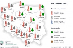  Prognoza średniej miesięcznej temperatury powietrza i miesięcznej sumy opadów atmosferycznych na wrzesień 2022 r. dla wybranych miast w Polsce.