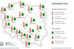  Prognoza średniej miesięcznej temperatury powietrza i miesięcznej sumy opadów atmosferycznych na grudzień 2022 r. dla wybranych miast w Polsce.