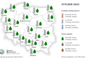  Prognoza średniej miesięcznej temperatury powietrza i miesięcznej sumy opadów atmosferycznych na styczeń 2023 r. dla wybranych miast w Polsce.
