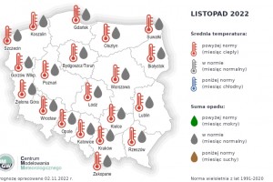  Prognoza średniej miesięcznej temperatury powietrza i miesięcznej sumy opadów atmosferycznych na listopad 2022 r. dla wybranych miast w Polsce.
