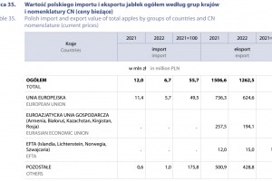  Wartość polskiego importu i eksportu jabłek ogółem według grup krajów
 i nomenklatury CN (ceny bieżące)