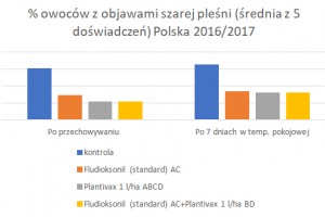  % owoców z objawami szarej pleśni (średnia z 5 doświadczeń) Polska 2016/2017
