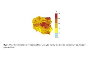  Ryc.1. Prawdopodobieństwo wystąpienia klasy „powyżej normy” dla średniej temperatury powietrza w
grudniu 2019 r.