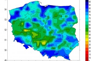 Mapa obrazująca wilgotność gleby na głębokości 28-100 cm. Mapa danych projektu S4D (Service 4 Drought) realizowanego ze środków Europejskiej Agencji Kosmicznej wskaźnik SPEI. Stan na pierwszą dekadę stycznia 2020