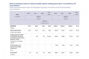  Wartość polskiego importu i eksportu jabłek ogółem według grup krajów i nomenklatury CN (ceny bieżące)