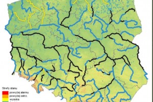  Strefy stanu wody na rzekach wg. danych IMGW-PIB.
